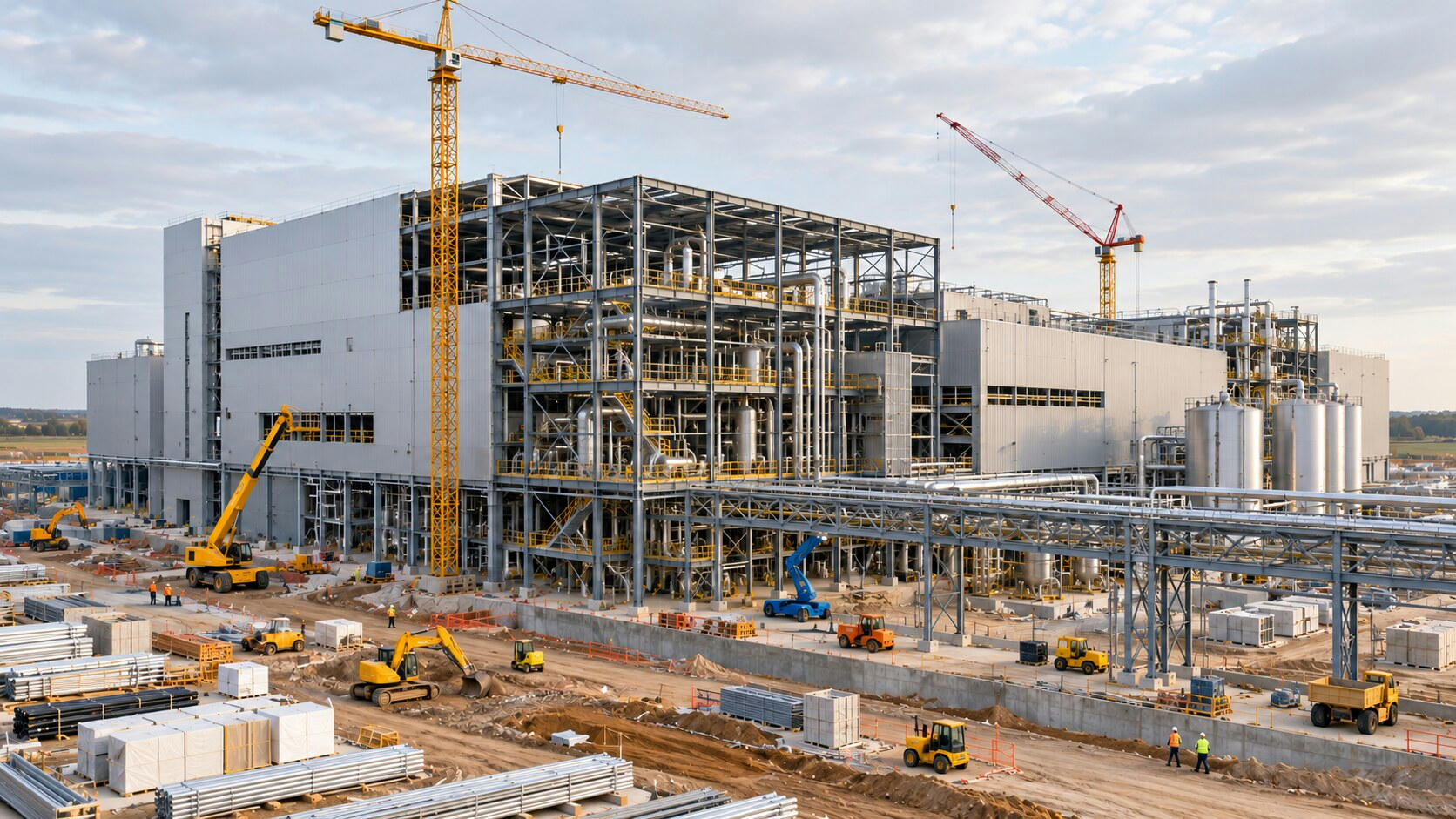 Synthetic editorial illustration. A large industrial building under construction shows exposed steel framing, pipes and partly installed white cladding. Tower cranes, small construction vehicles and tiny workers occupy the orderly site under pale daylight.