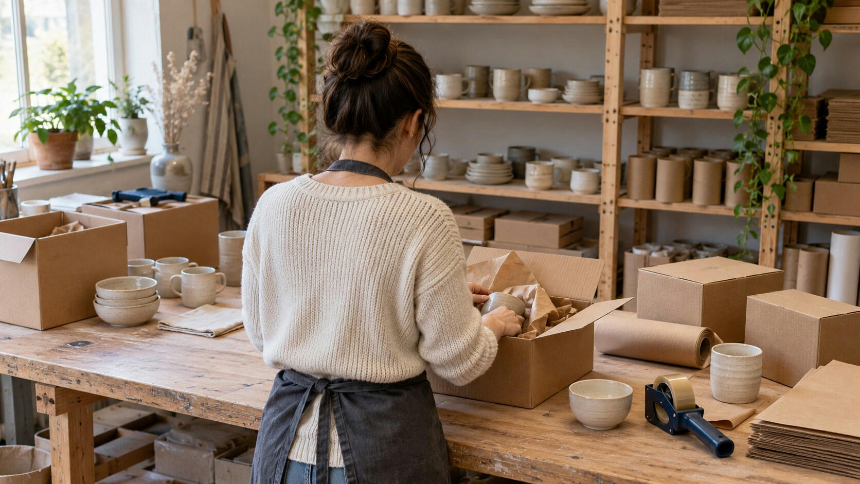 Synthetic editorial illustration. A person viewed from behind wraps a plain ceramic item in paper inside a cardboard box. Unmarked parcels, a tape gun, packing paper and shelves of simple ceramics fill the daylit home studio.