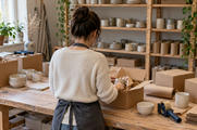 Synthetic editorial illustration. A person viewed from behind wraps a plain ceramic item in paper inside a cardboard box. Unmarked parcels, a tape gun, packing paper and shelves of simple ceramics fill the daylit home studio.