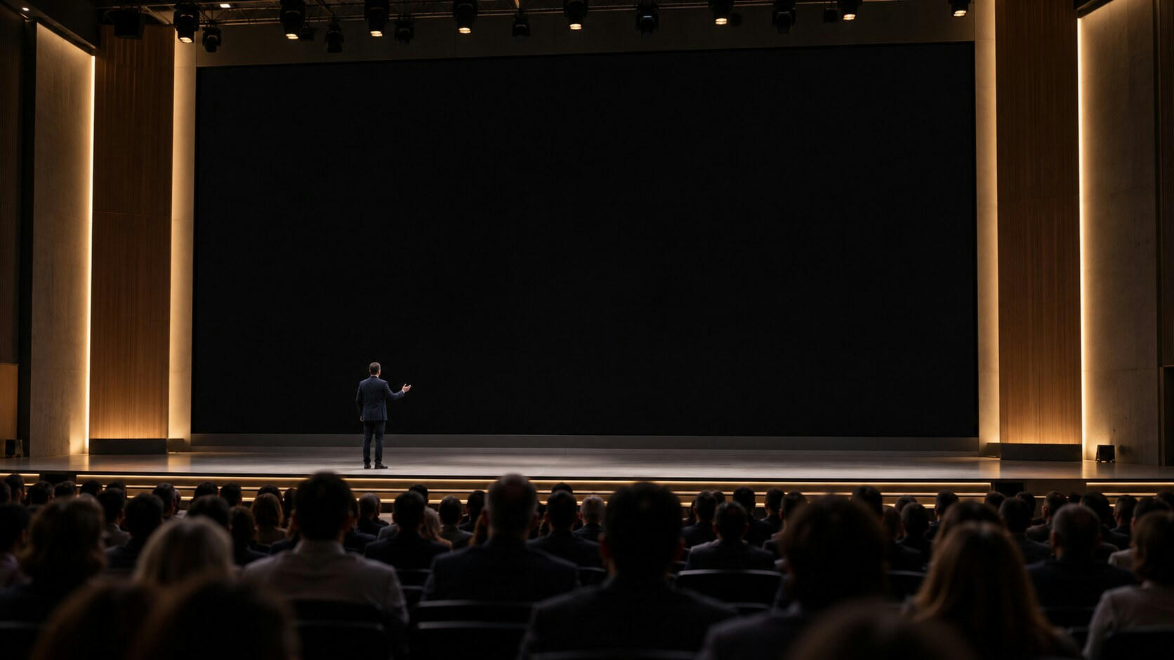 Synthetic editorial illustration. A small presenter viewed from behind gestures on a broad stage before a completely black screen. Rows of audience heads fill the foreground under restrained warm auditorium lighting.