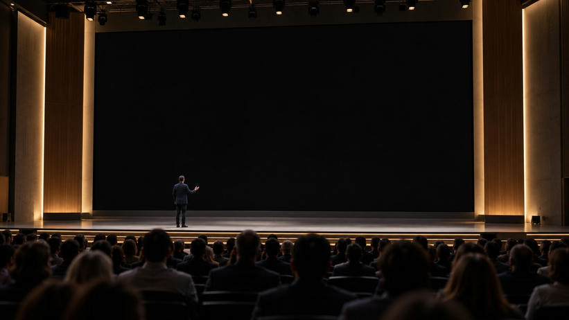 Synthetic editorial illustration. A small presenter viewed from behind gestures on a broad stage before a completely black screen. Rows of audience heads fill the foreground under restrained warm auditorium lighting.