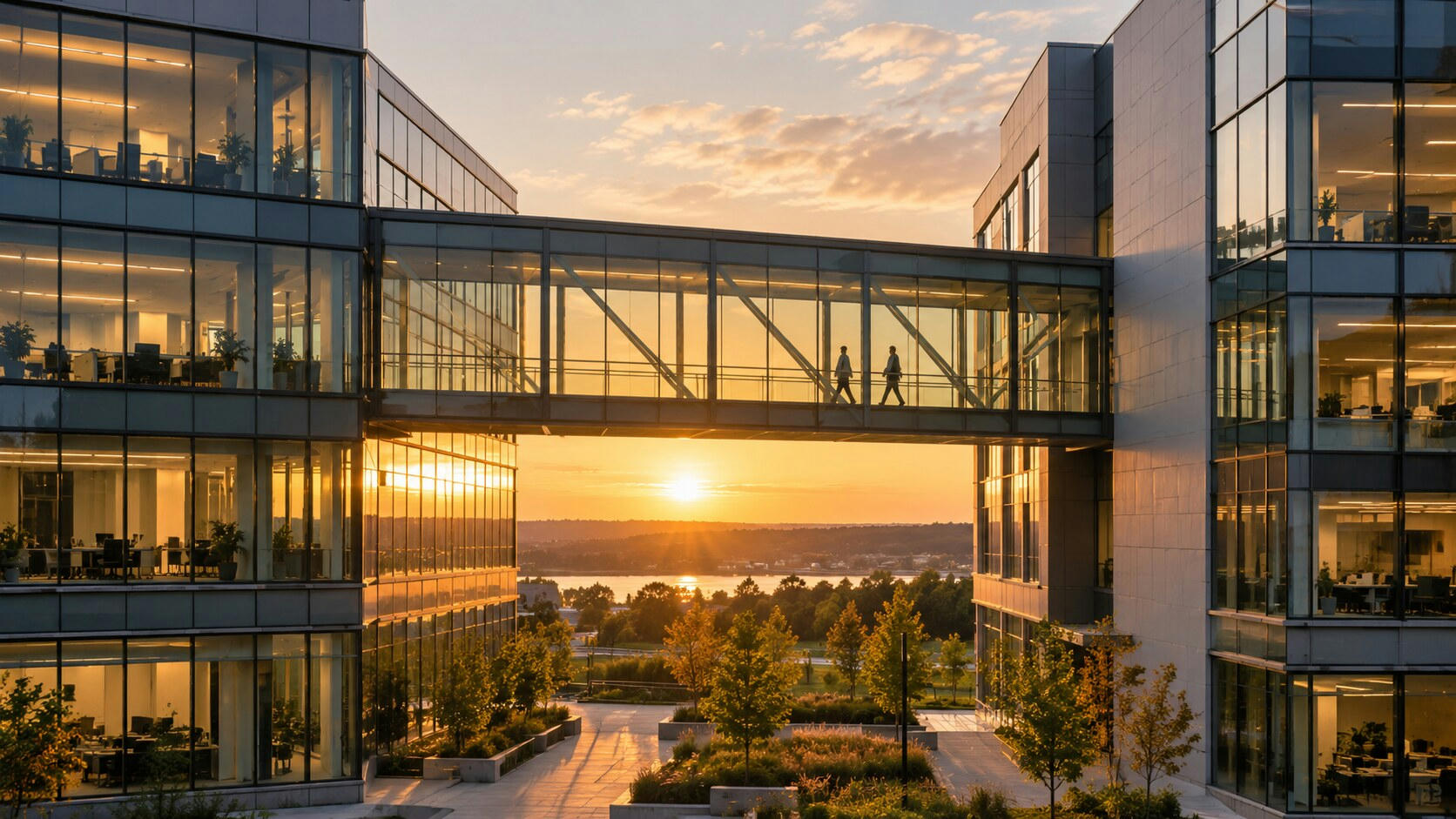 Synthetic editorial illustration. A corporate office campus. A glazed skybridge connects two modern buildings above landscaped paths, with two small silhouettes crossing inside as golden sunlight shines between the facades.