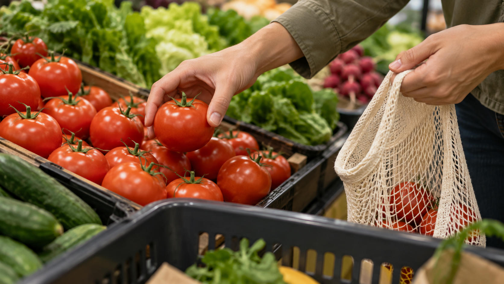Synthetic editorial illustration. A shopper lifts a tomato from a stocked grocery produce display toward a lightly filled mesh shopping bag, with a shopping-basket rim in the foreground.