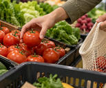 Synthetic editorial illustration. A shopper lifts a tomato from a stocked grocery produce display toward a lightly filled mesh shopping bag, with a shopping-basket rim in the foreground.