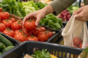 Synthetic editorial illustration. A shopper lifts a tomato from a stocked grocery produce display toward a lightly filled mesh shopping bag, with a shopping-basket rim in the foreground.