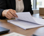 Synthetic editorial illustration. A cropped adult turns a populated page of a thin evidence-review packet on a modest table.