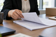 Synthetic editorial illustration. A cropped adult turns a populated page of a thin evidence-review packet on a modest table.