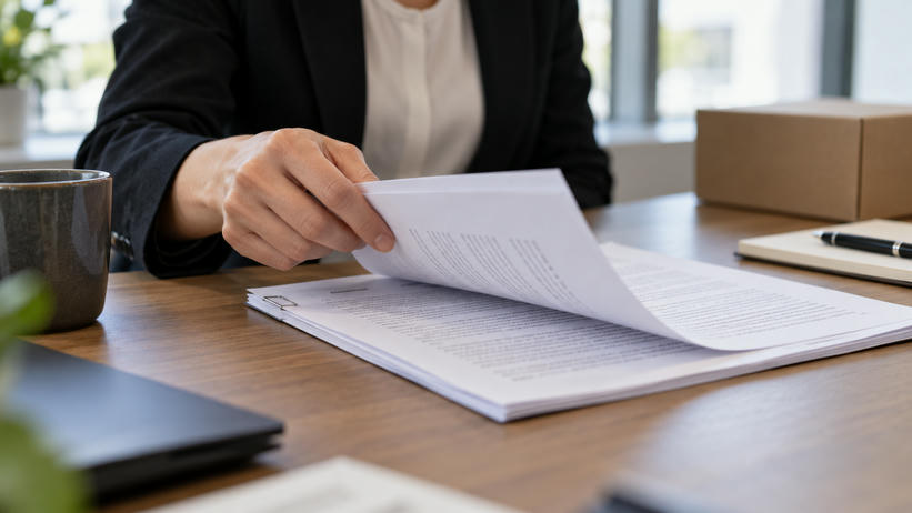 Synthetic editorial illustration. A cropped adult turns a populated page of a thin evidence-review packet on a modest table.