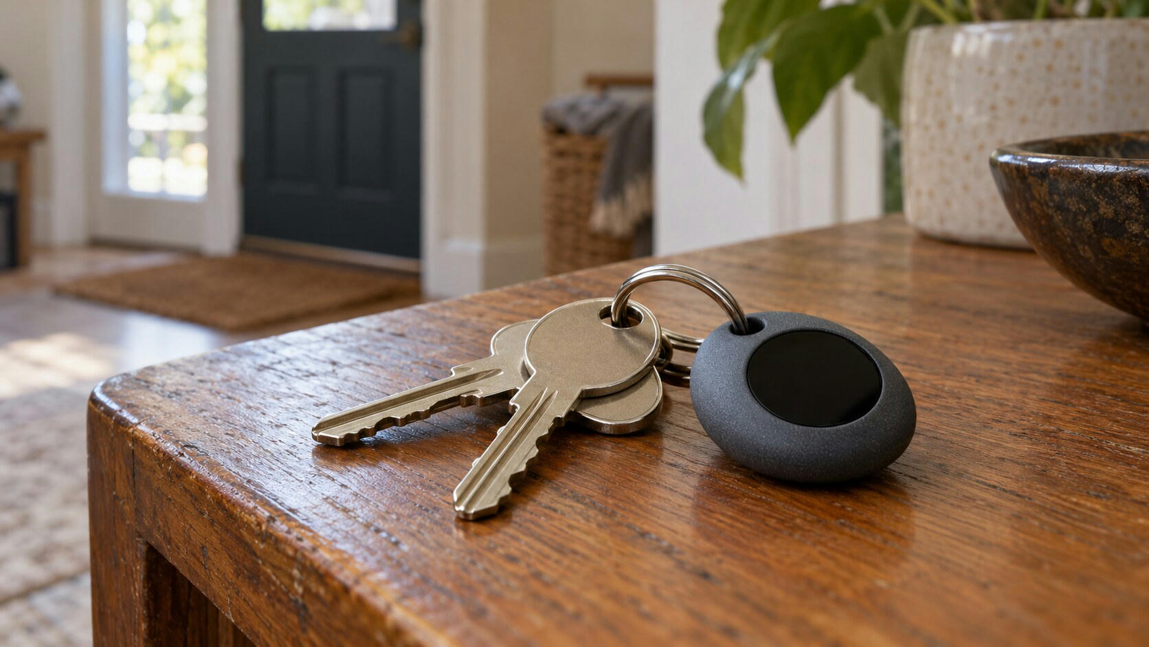 Synthetic editorial illustration. A home entrance. Plain house keys and a rounded dark keychain gadget with a circular black screen rest on a worn wooden table beside a plant pot.