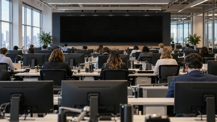 Synthetic editorial illustration. Many people viewed from behind work at rows of newsroom desks beneath ceiling lights. Plain monitor backs fill the foreground and a large bank of completely black screens spans the far wall.
