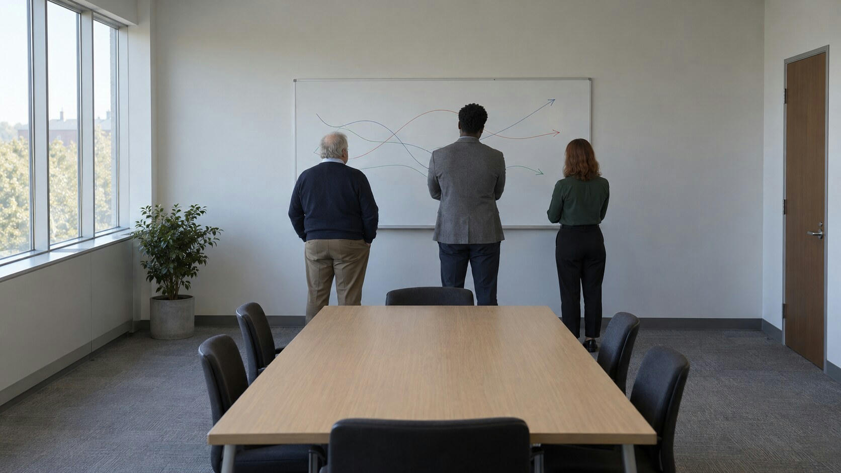 Synthetic editorial illustration. An institutional meeting room. Three colleagues viewed from behind face a whiteboard bearing only coloured curved lines and arrows, beyond a plain wooden table in daylight.