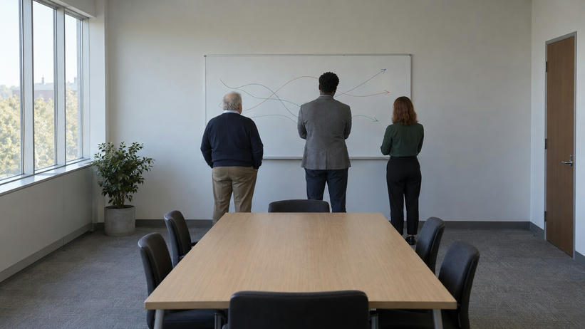 Synthetic editorial illustration. An institutional meeting room. Three colleagues viewed from behind face a whiteboard bearing only coloured curved lines and arrows, beyond a plain wooden table in daylight.