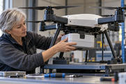 Synthetic editorial illustration. A technician secures a cargo pod beneath a multirotor aircraft supported on a workshop stand.