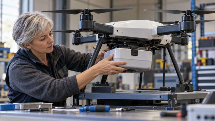 Synthetic editorial illustration. A technician secures a cargo pod beneath a multirotor aircraft supported on a workshop stand.