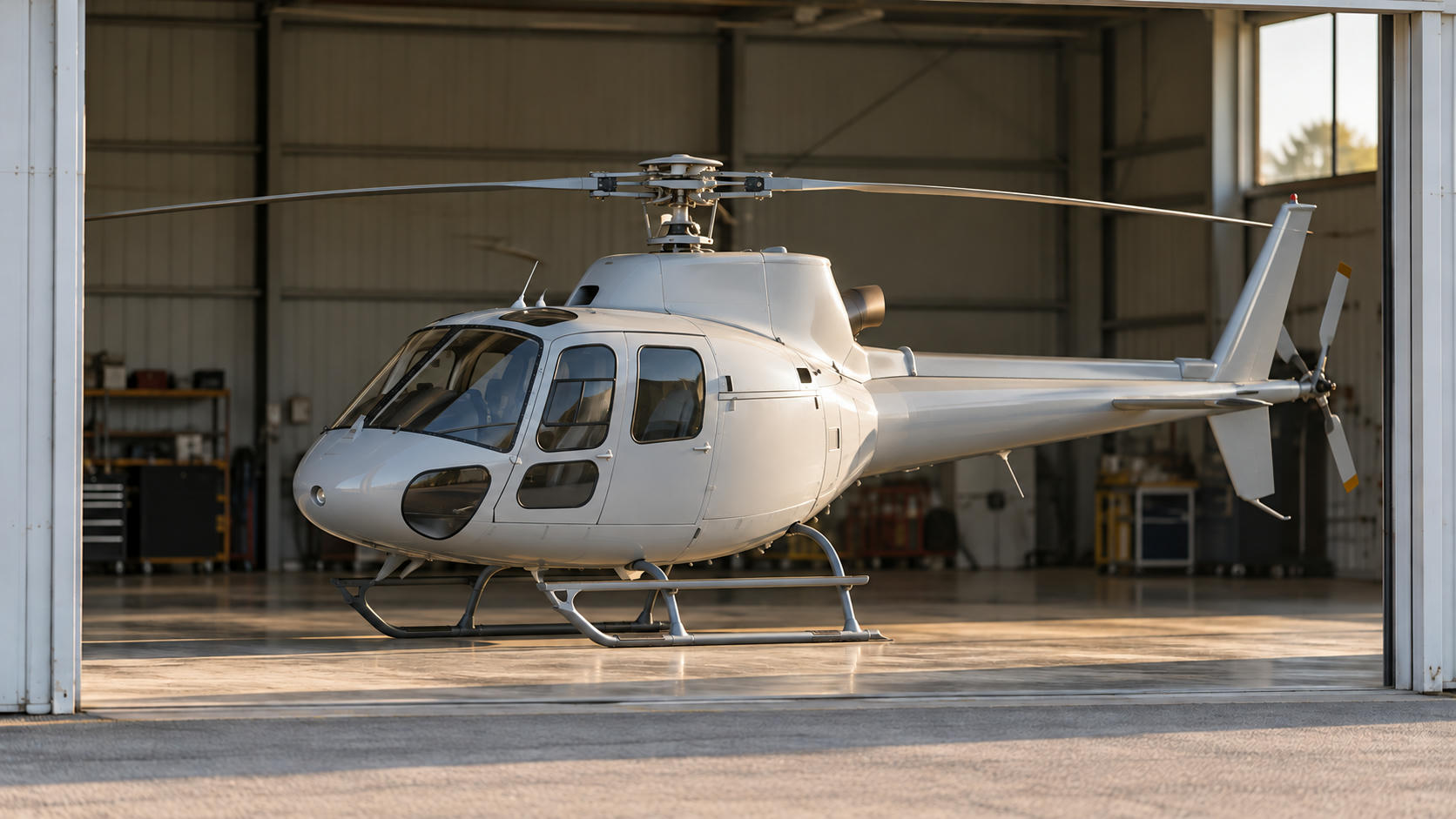 Synthetic editorial illustration. One unbranded light utility helicopter parked in a hangar, framed by the hangar opening.
