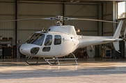 Synthetic editorial illustration. One unbranded light utility helicopter parked in a hangar, framed by the hangar opening.