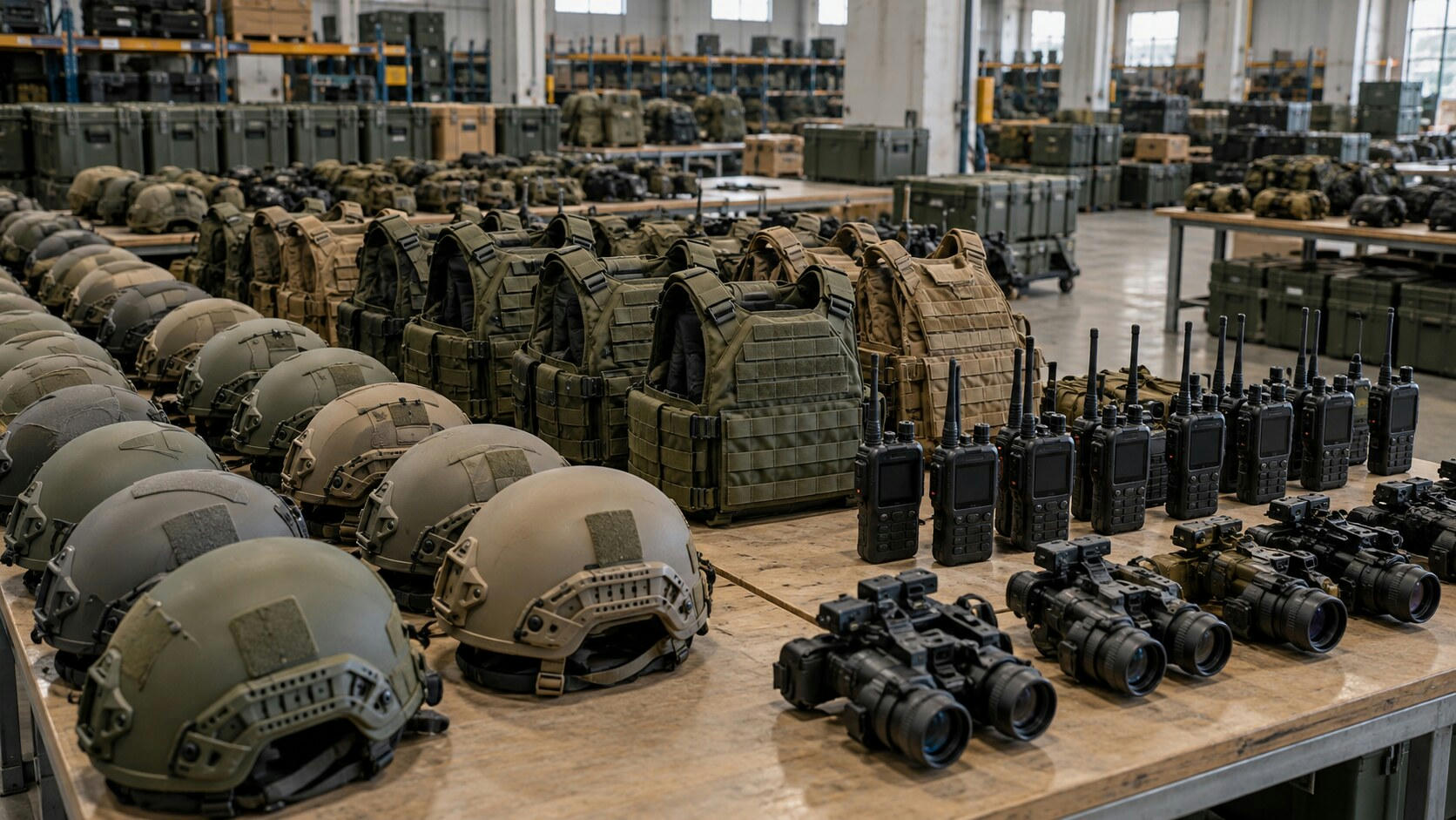 Synthetic editorial illustration. A military equipment depot. Long tables hold rows of helmets, protective vests, handheld radios and night-vision housings, with storage cases and shelving behind them.