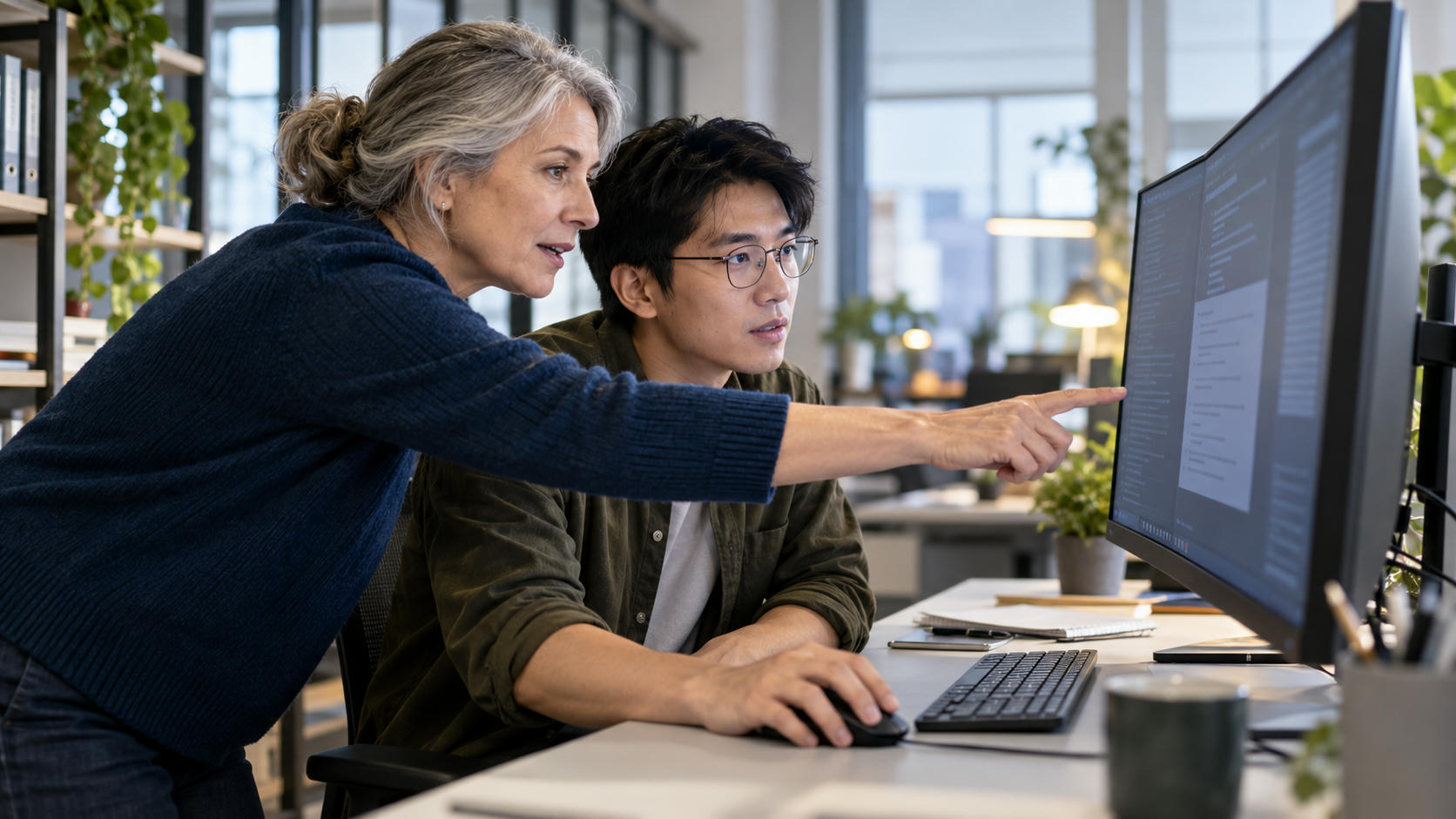 Synthetic editorial illustration. Two developers examine a visible populated desktop monitor, one pointing while the seated colleague uses a mouse.
