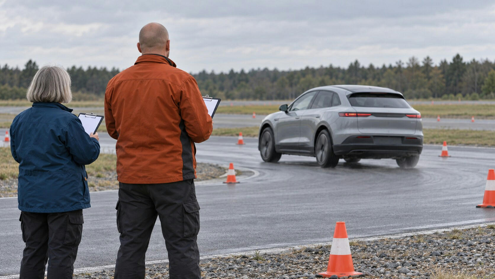 Synthetic editorial illustration. Two engineers viewed from behind hold blank clipboards beside a wet test track. A plain grey car drives among orange cones under an overcast sky with a low treeline beyond.