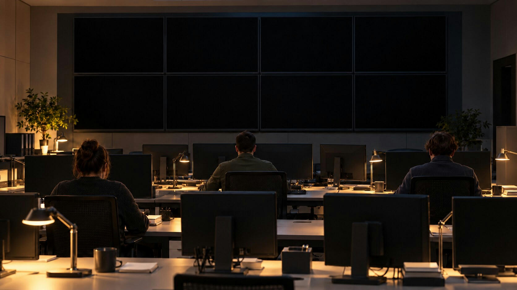 Synthetic editorial illustration. Three operators viewed from behind sit in a dim control room lit by warm desk lamps. Plain monitor backs and fully dark wall screens rise above desks with mugs, plants and blank notebooks.