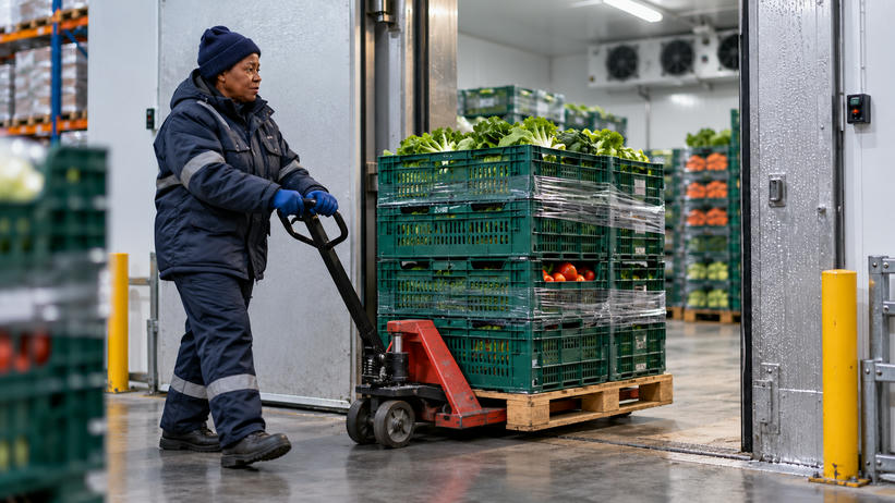 Synthetic editorial illustration. A cold-store worker moves stacked produce crates on a pallet jack through a refrigerated doorway.