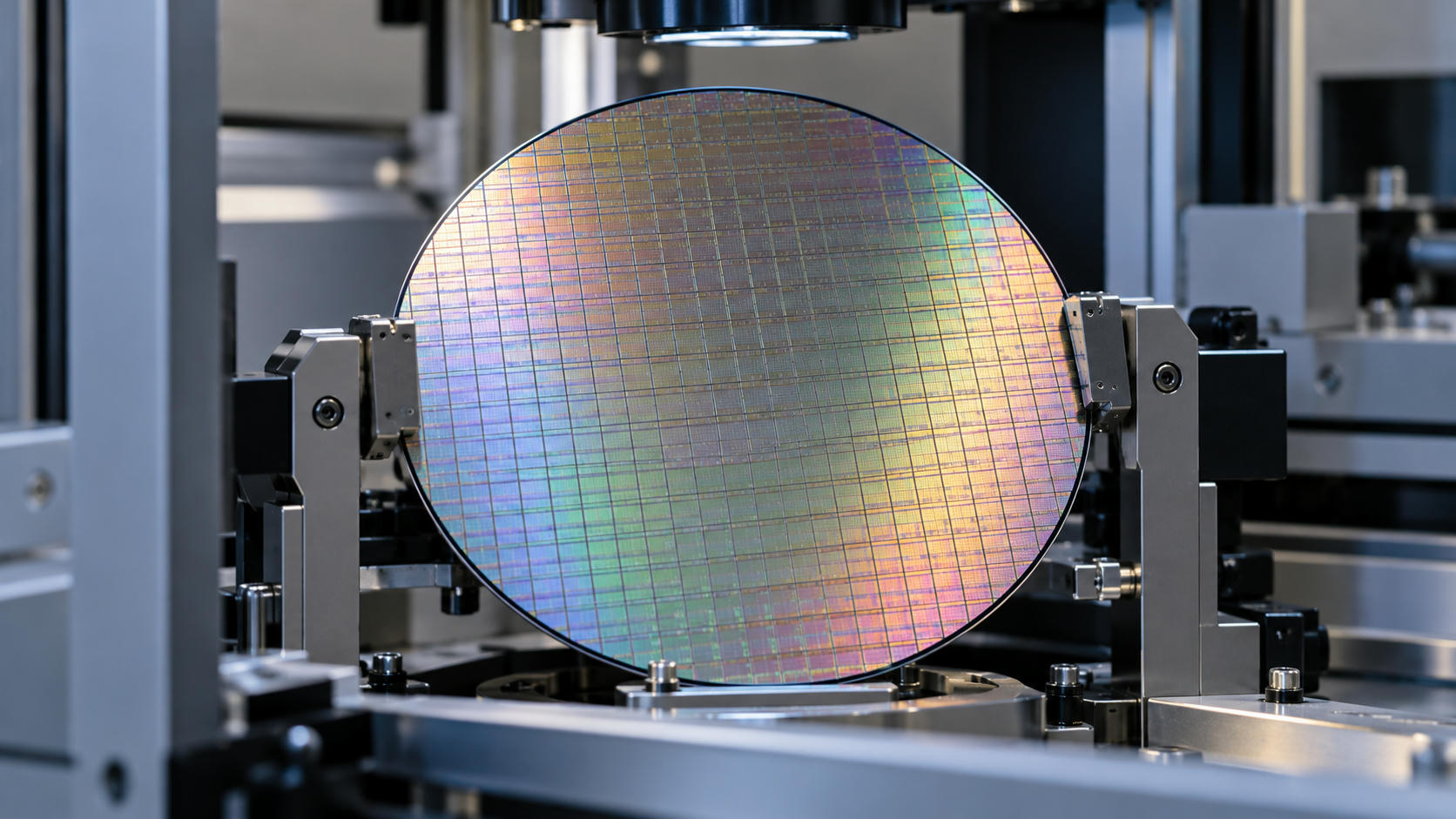 Synthetic editorial illustration. One patterned semiconductor wafer is held by an edge fixture inside an inspection station.