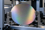 Synthetic editorial illustration. One patterned semiconductor wafer is held by an edge fixture inside an inspection station.