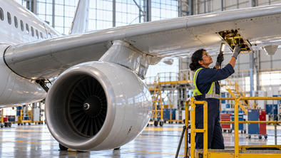 Synthetic editorial illustration. A technician on a platform inspects an outboard wing hatch; the fuselage, wing root and engine suspended below the wing by a pylon are visible as separate structures.