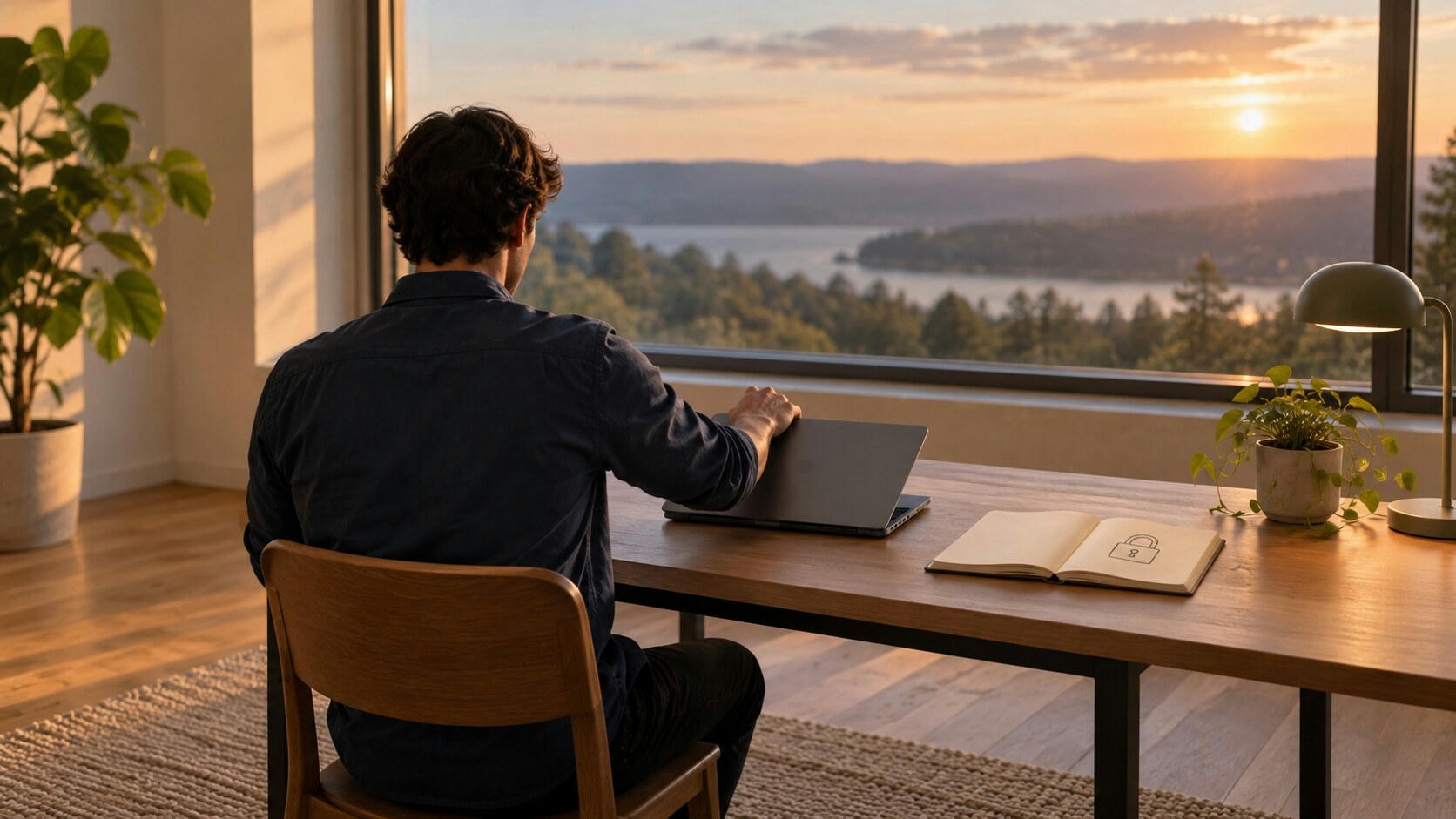 Synthetic editorial illustration. A home-office desk stands before a broad window overlooking water and wooded hills. A rear-facing person lowers a laptop lid beside an open notebook bearing a simple padlock sketch, with plants and a lamp in warm light.