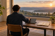 Synthetic editorial illustration. A home-office desk stands before a broad window overlooking water and wooded hills. A rear-facing person lowers a laptop lid beside an open notebook bearing a simple padlock sketch, with plants and a lamp in warm light.