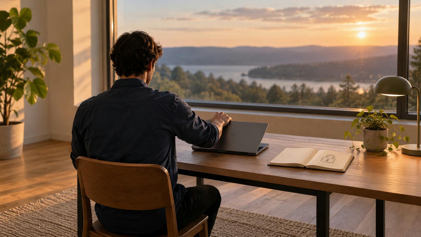 Synthetic editorial illustration. A home-office desk stands before a broad window overlooking water and wooded hills. A rear-facing person lowers a laptop lid beside an open notebook bearing a simple padlock sketch, with plants and a lamp in warm light.