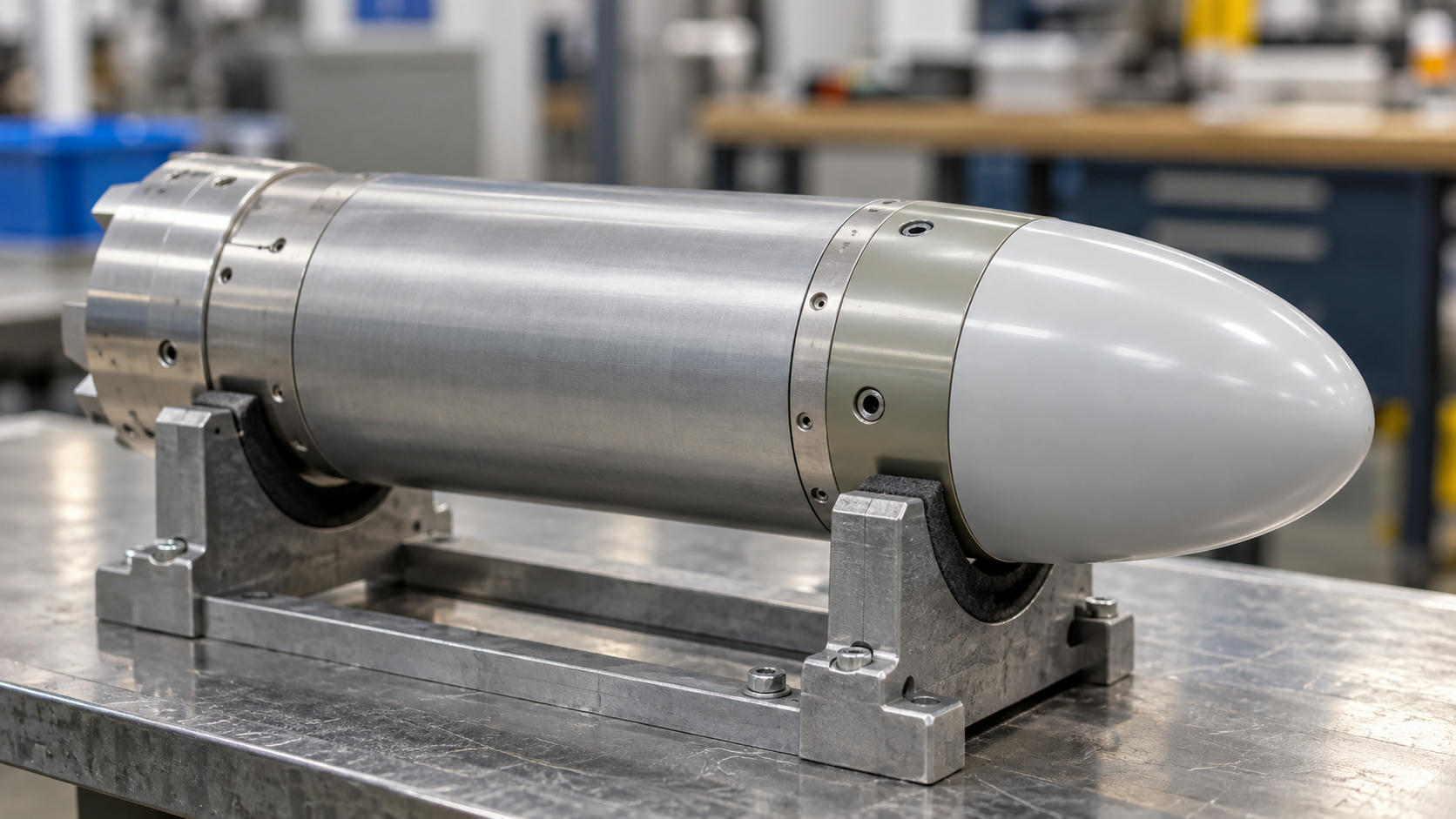 Synthetic editorial illustration. One closed cylindrical machined-metal nose-module housing with a smooth radome-like end in an inspection cradle.