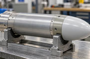 Synthetic editorial illustration. One closed cylindrical machined-metal nose-module housing with a smooth radome-like end in an inspection cradle.