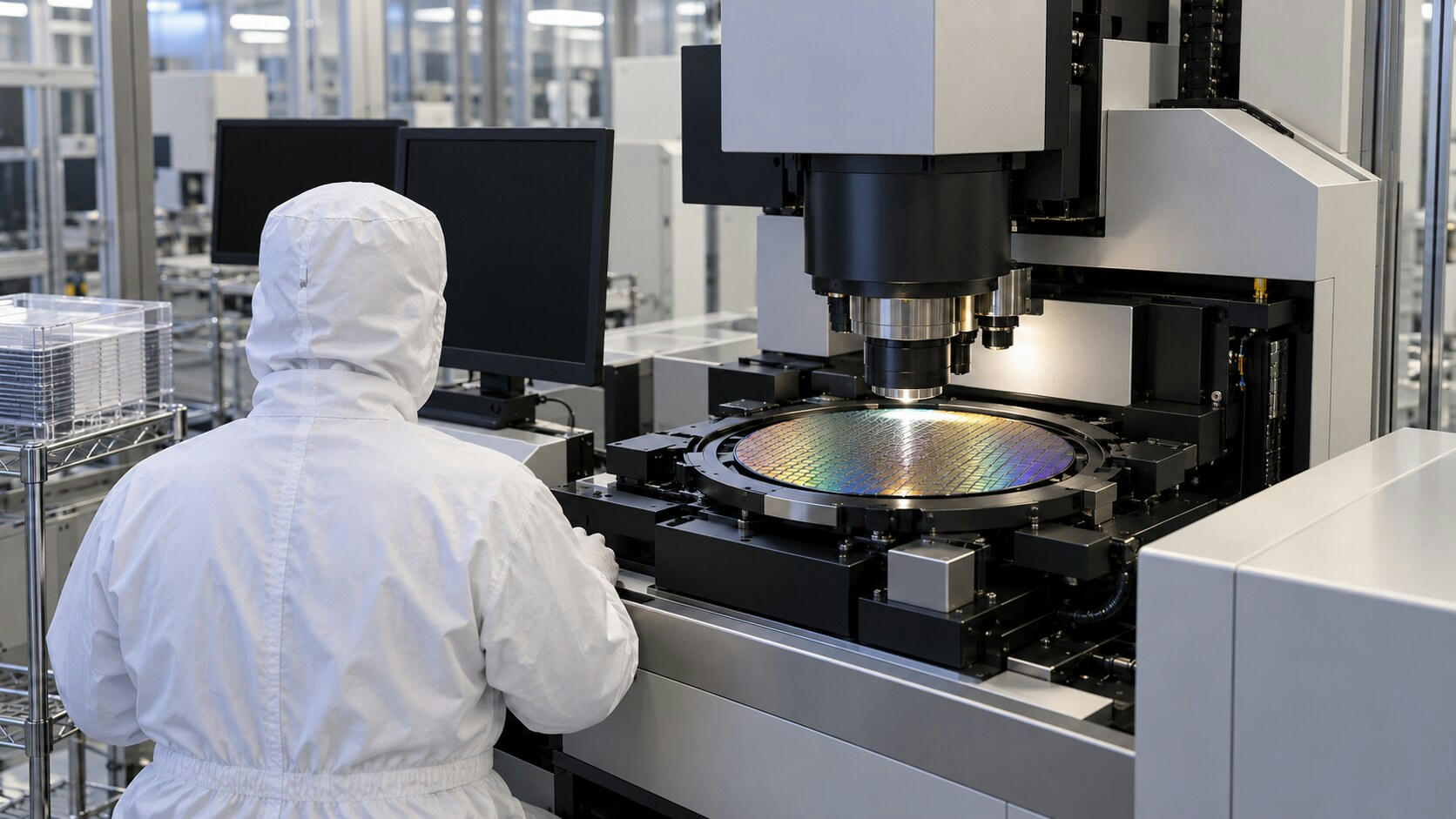 Synthetic editorial illustration. A hooded technician viewed from behind sits beside a patterned wafer under large inspection optics. Two completely dark monitors and plain metal machine housings surround the stage in a bright cleanroom.