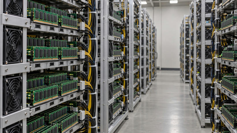 Synthetic editorial illustration. An electronics test hall. Open racks hold rows of green memory modules with black chips, small status lights, cooling fans and bundled cables along an empty aisle.