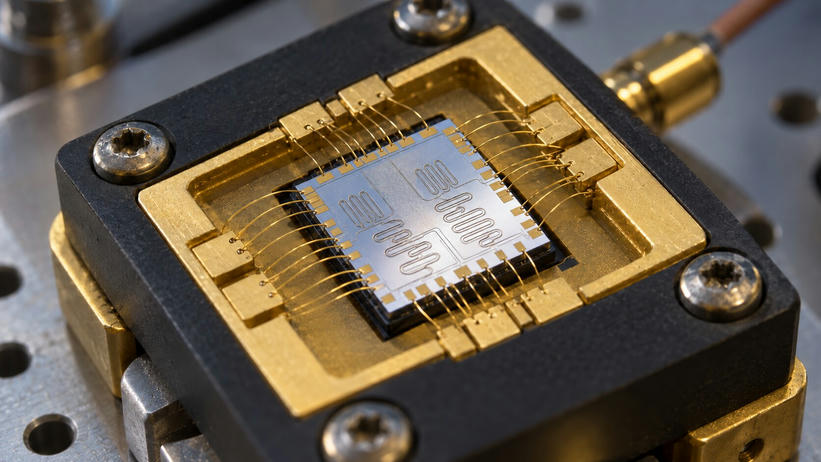 Synthetic editorial illustration. A small silver chip with winding circuit traces sits in a gold-and-black sample holder. Fine gold wire bonds arc between its edges and surrounding contact pads, with worn mounting screws nearby.