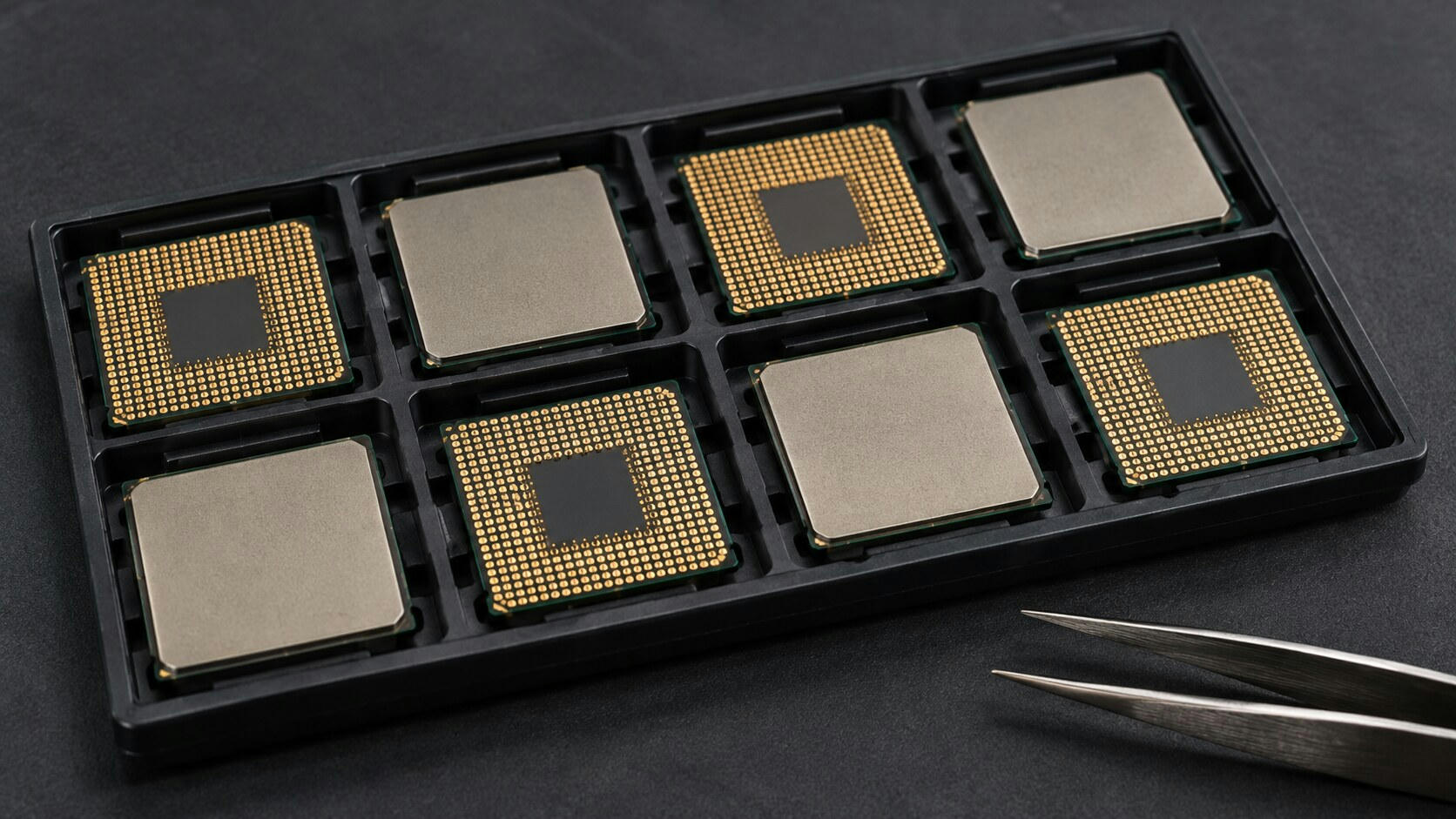 Synthetic editorial illustration. An electronics workbench. A black handling tray holds square processor packages with plain metal tops and gold contact arrays on a dark anti-static mat, with tweezers beside it.