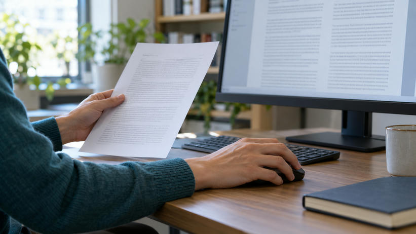Synthetic editorial illustration. A cropped adult reviews a populated note while using a mouse beside a powered document monitor.