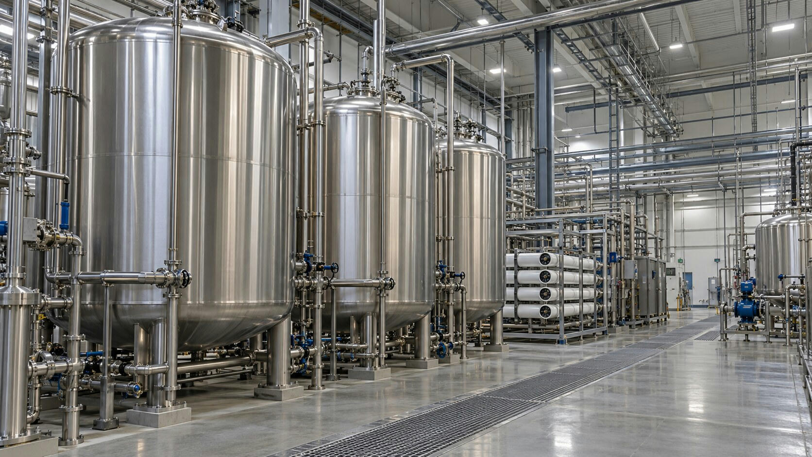 Synthetic editorial illustration. An industrial water-treatment hall. Tall stainless tanks, filtration housings and dense polished pipework line a clean utility space with floor drainage grilles and overhead lighting.