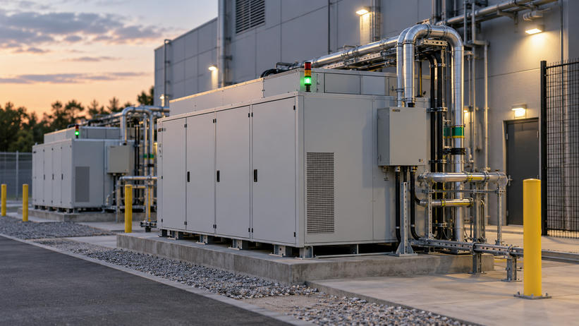 Synthetic editorial illustration. Connected modular utility enclosures with illuminated status lamps stand beside a facility wall at dusk.