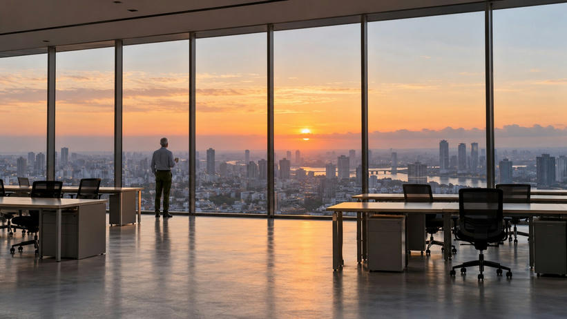 Synthetic editorial illustration. A grey-haired rear-facing person holds a mug beside floor-to-ceiling office windows. Empty desks and chairs frame a broad city view under orange sunrise light.