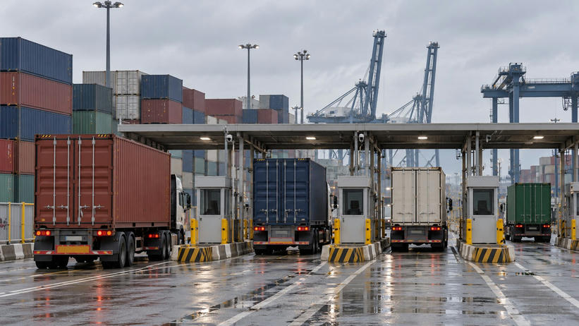 Synthetic editorial illustration. A container-terminal gate. Freight trucks queue beside inspection booths beneath a broad canopy, with stacked containers and cranes behind and red tail lights reflected on wet pavement under an overcast sky.