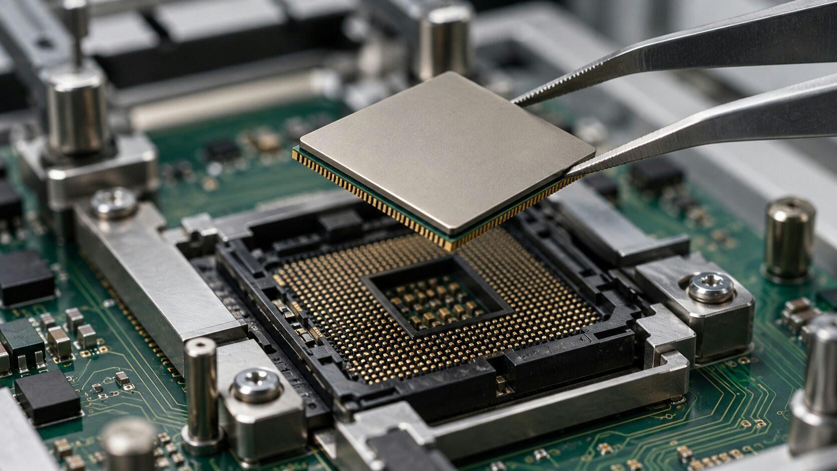 Synthetic editorial illustration. Metal tweezers hold a plain square processor package above an open socket lined with gold contacts. A green circuit board, metal fixture and fasteners sit beneath in shallow-focus inspection light.