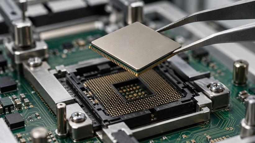 Synthetic editorial illustration. Metal tweezers hold a plain square processor package above an open socket lined with gold contacts. A green circuit board, metal fixture and fasteners sit beneath in shallow-focus inspection light.