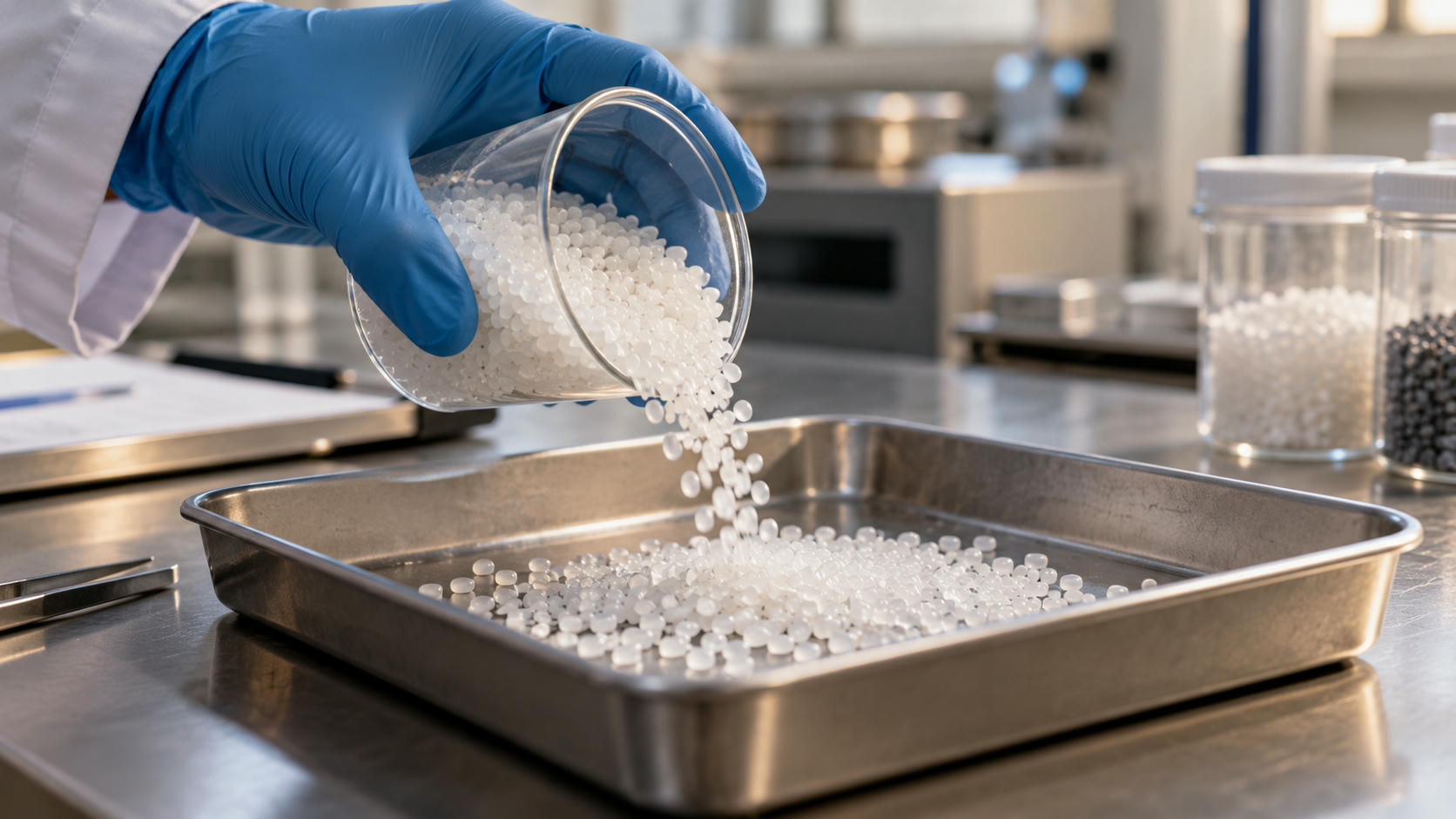 Synthetic editorial illustration. A gloved hand pours a small stream of polymer-like pellets into a shallow testing tray.