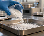 Synthetic editorial illustration. A gloved hand pours a small stream of polymer-like pellets into a shallow testing tray.