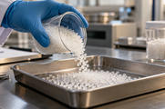 Synthetic editorial illustration. A gloved hand pours a small stream of polymer-like pellets into a shallow testing tray.