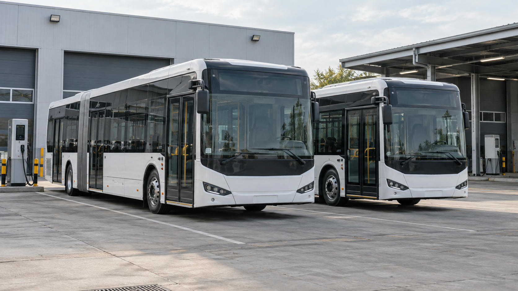 Synthetic editorial illustration. Two generic unbranded electric city buses parked at an anonymous practical depot with charging infrastructure.