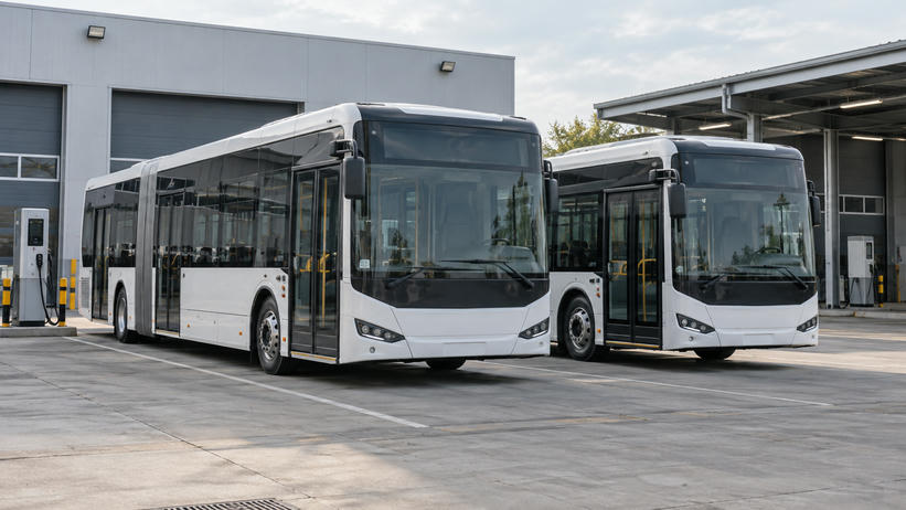 Synthetic editorial illustration. Two generic unbranded electric city buses parked at an anonymous practical depot with charging infrastructure.