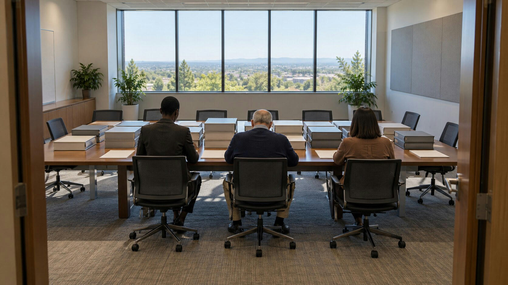 Synthetic editorial illustration. An institutional review room. Three reviewers seen from behind sit at a long table stacked with closed plain binders and blank papers, facing empty chairs and broad daylight windows.